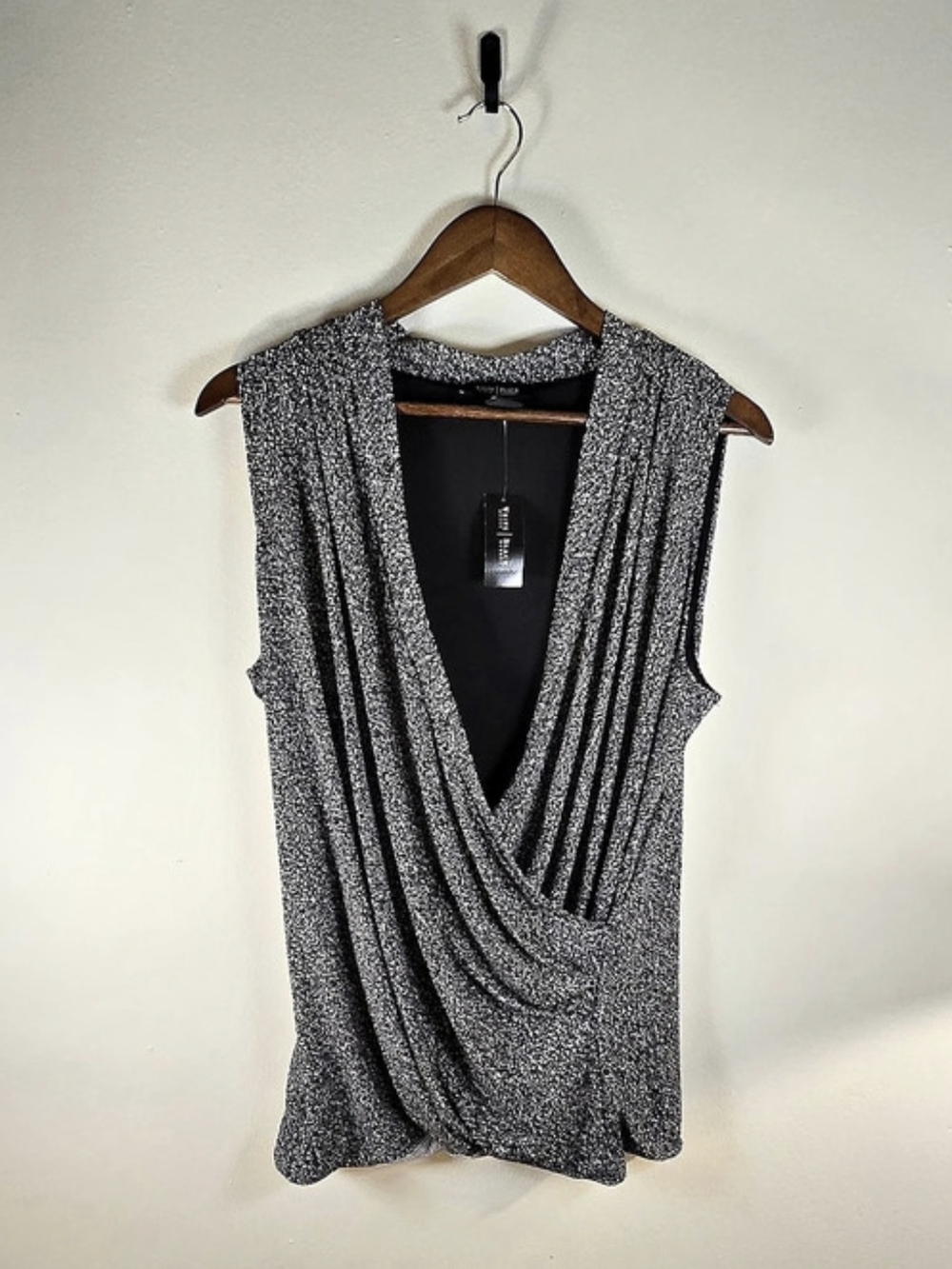 White House Black Market Speckled Surplice Draped Blouse NWT Large